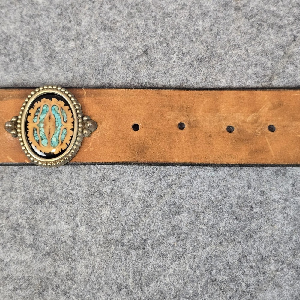 Western Concho Belt 48" Brown Leather Brass Tone Turquoise Inlay Studded Conchos - Picture 12 of 16
